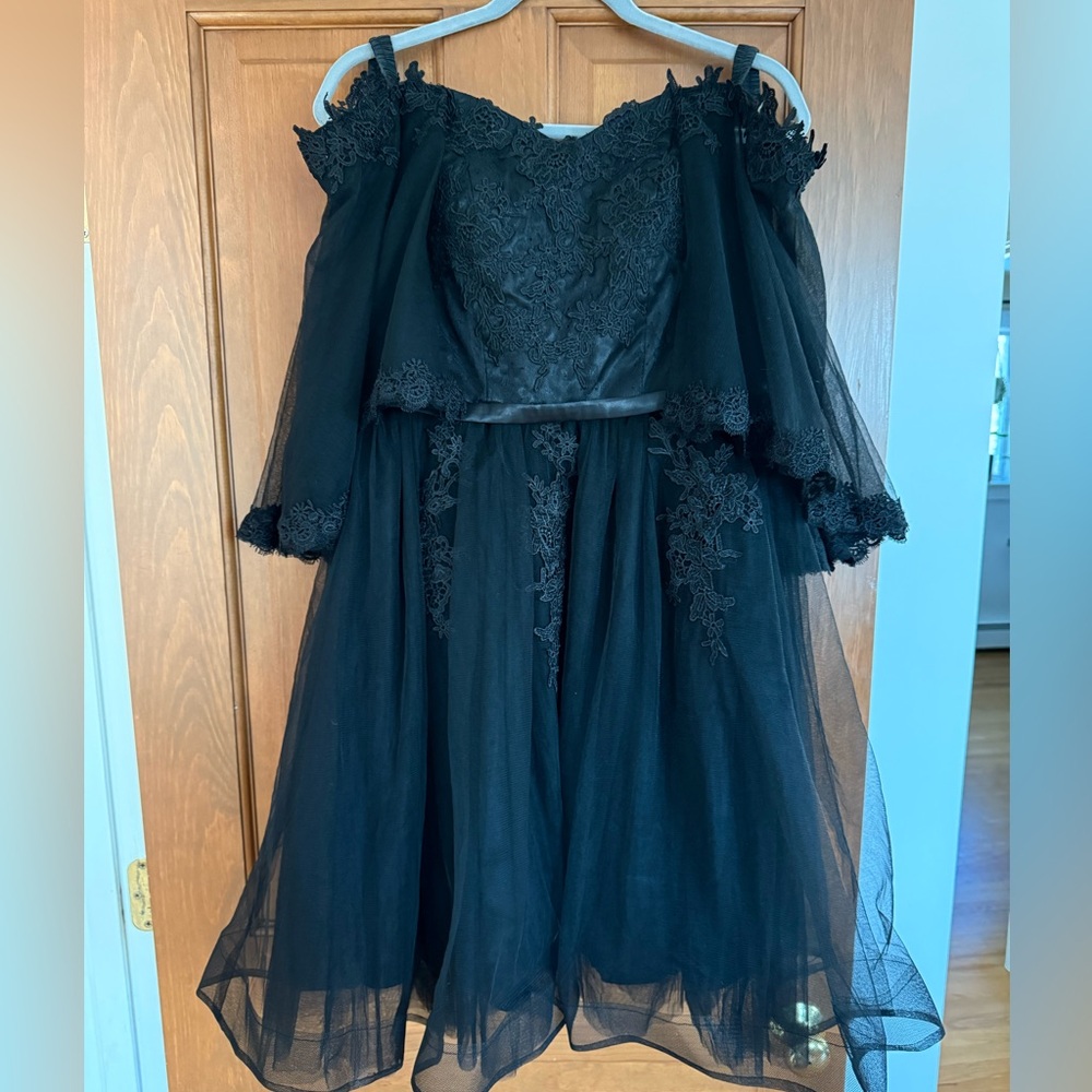 Beautiful black tulle and lace corset-back dress with cape sleeves. Size 2-4